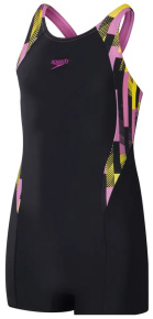 Speedo Printed Panel Legsuit Girls Black/Pink Speedo Printed Panel Legsuit Girls Black/Pink